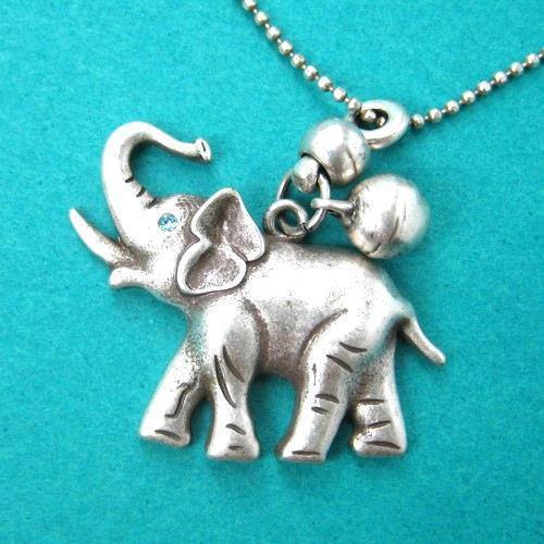 Baby Elephant Animal Pendant Necklace in Silver with Bell Charm | DOTOLY