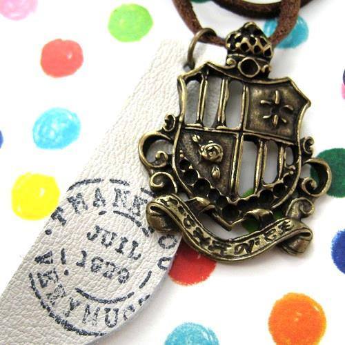 Antique Crest Badge Shield Pendant Necklace with Leather Ink Tag | DOTOLY