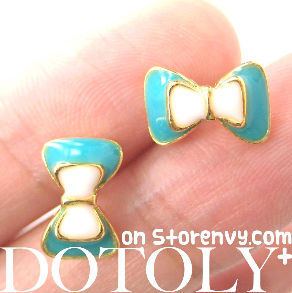 Bow Tie Knot Shaped Ribbon Stud Earrings in Turquoise on Gold | DOTOLY