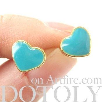 Small Heart Shaped Stud Earrings in Turquoise Blue and Gold | DOTOLY