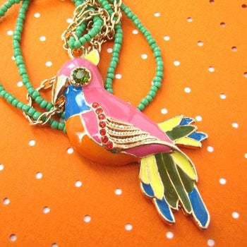 Parrot Bird Animal Pendant Colorful Necklace with Beaded Detail | DOTOLY