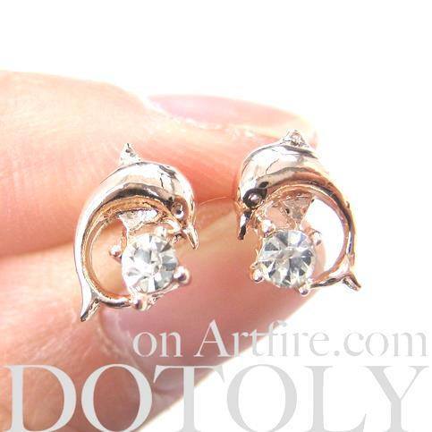 Classic Dolphin Shaped Sea Animal Stud Earrings in Rose Gold with Rhinestones | DOTOLY
