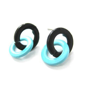 Retro Mod Hoop Linked Stud Earrings in Black and Mint Blue | DOTOLY