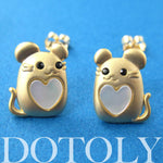 Mouse Mice Animal Stud Earrings in Gold with Heart Shaped Detail | ALLERGY FREE | DOTOLY
