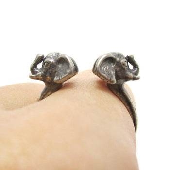 Double Elephant Head Shaped Sleek Animal Ring in Silver