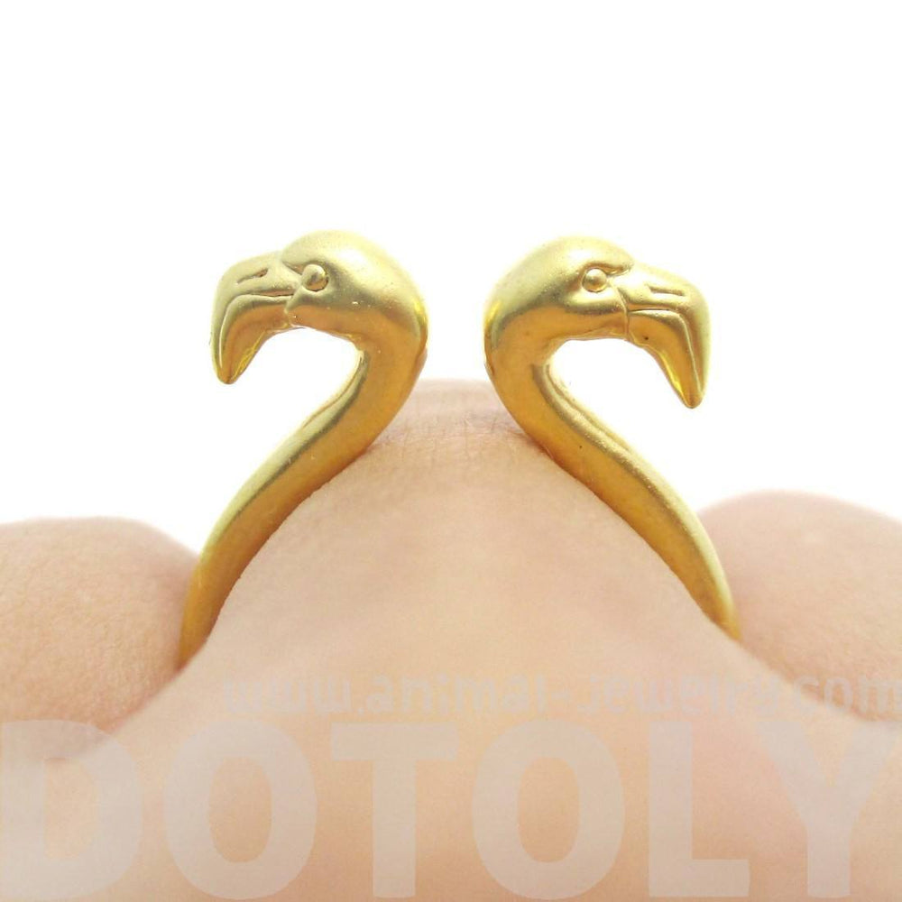 3D Double Flamingo Bird Head Shaped Sleek Ring in Gold