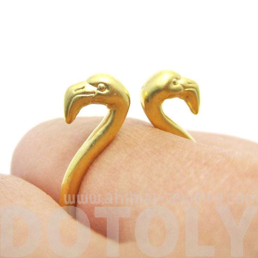 3D Double Flamingo Bird Head Shaped Sleek Ring in Gold