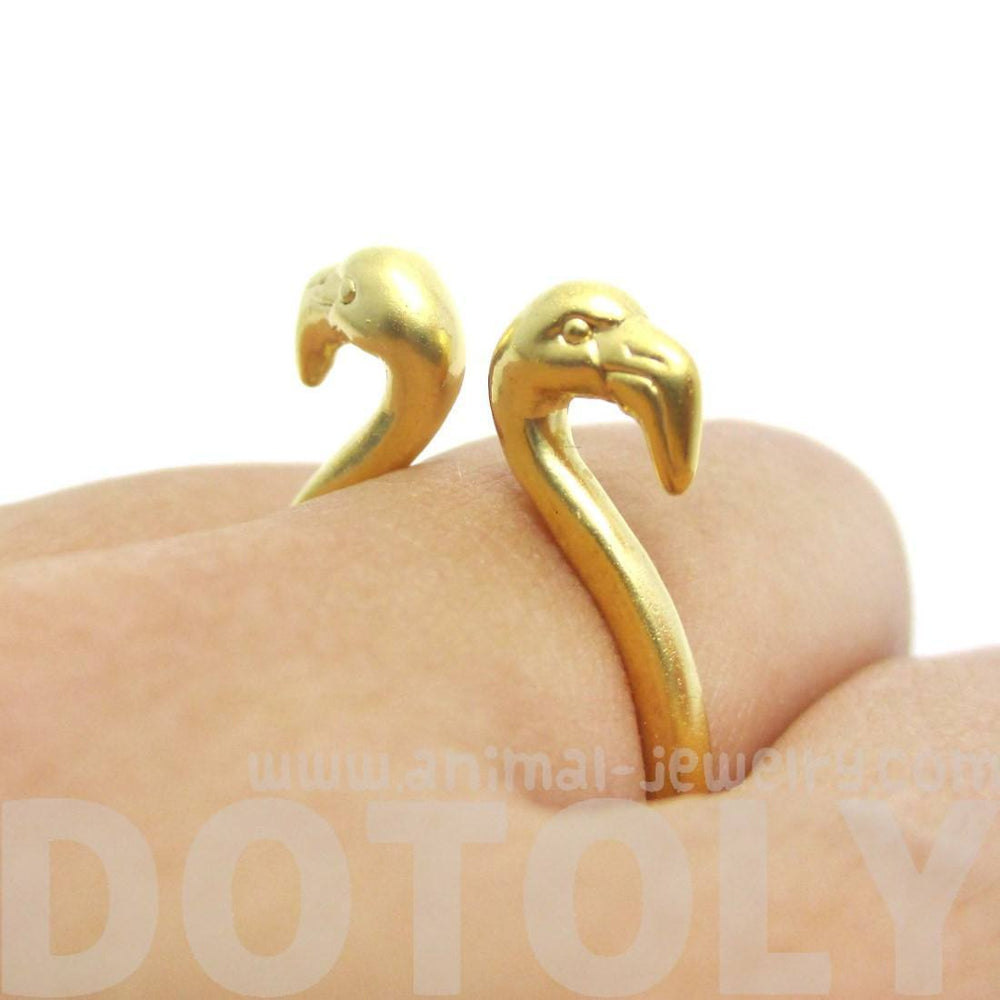 3D Double Flamingo Bird Head Shaped Sleek Ring in Gold