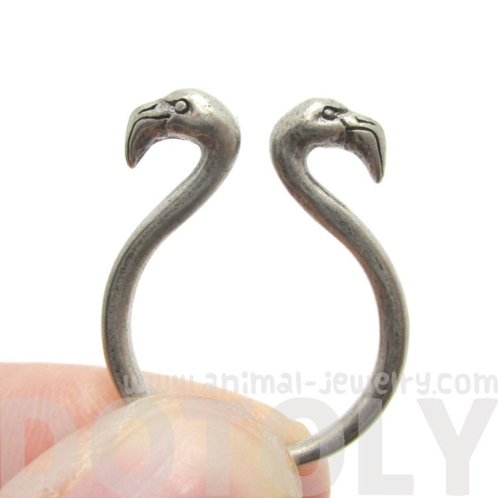 3D Double Flamingo Bird Head Shaped Sleek Ring in Silver