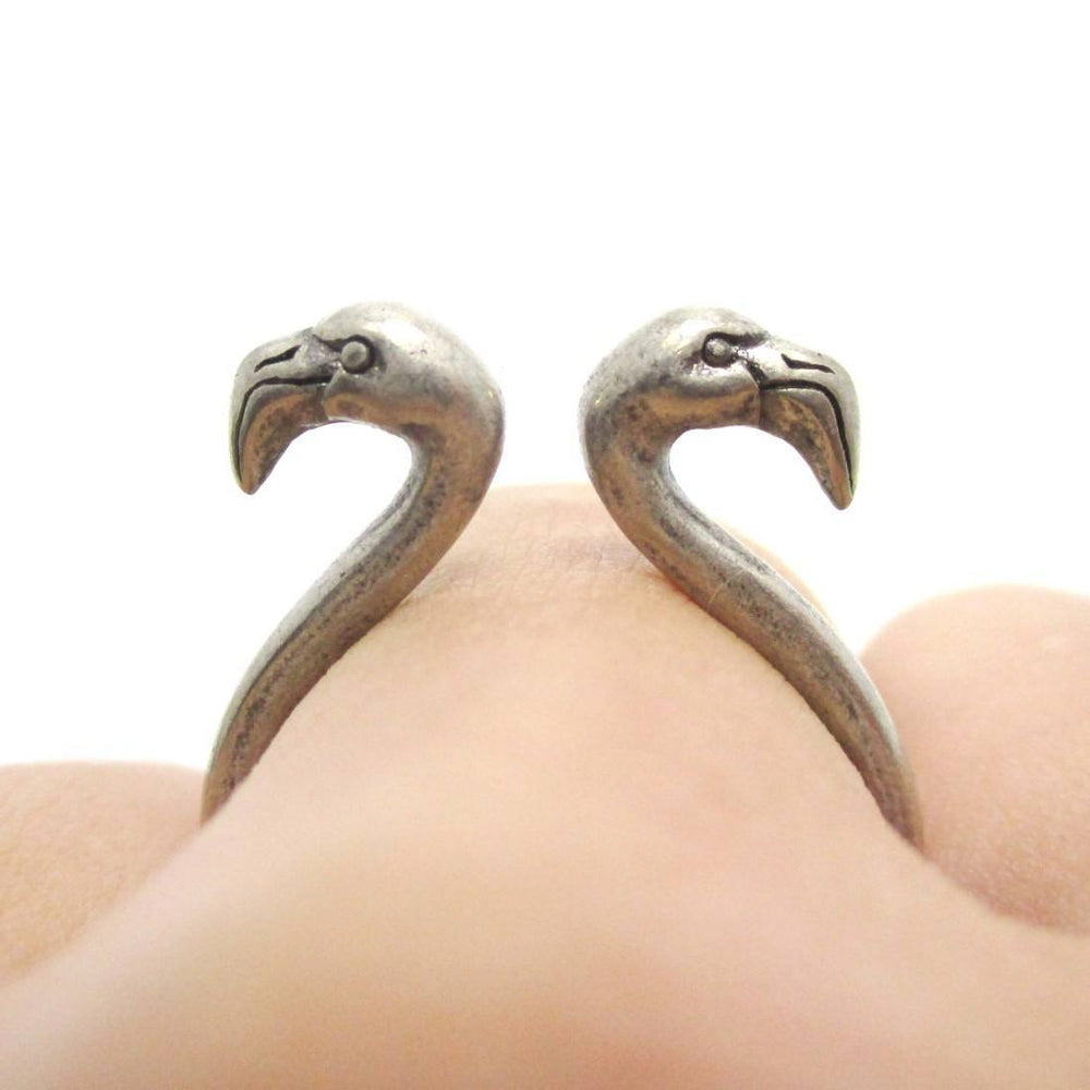 3D Double Flamingo Bird Head Shaped Sleek Ring in Silver