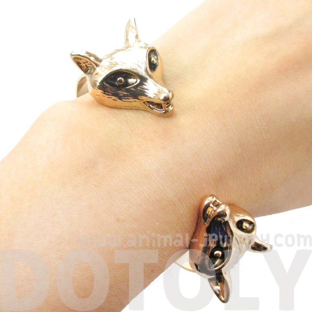 Double Fox Head Shaped Bangle Bracelet Cuff in Gold