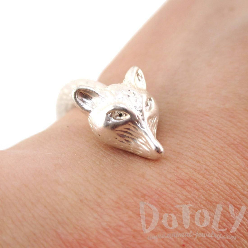 Double Fox Head Shaped Wrap Around Bangle Bracelet Cuff in Silver