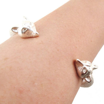 Double Fox Head Shaped Wrap Around Bangle Bracelet Cuff in Silver