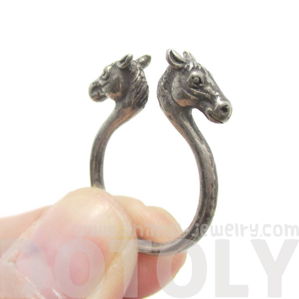 Double Horse Pony Head Shaped Animal Ring in Silver