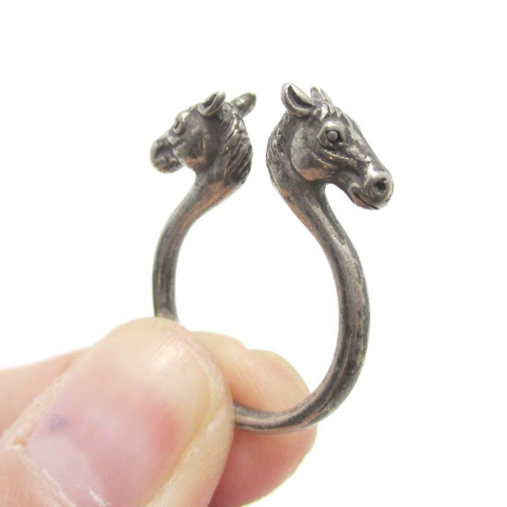 Double Horse Pony Head Shaped Animal Ring in Silver
