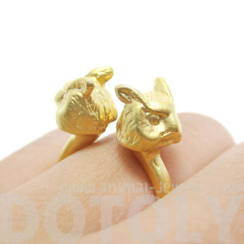 3D Double Owl Bird Head Shaped Sleek Ring in Gold