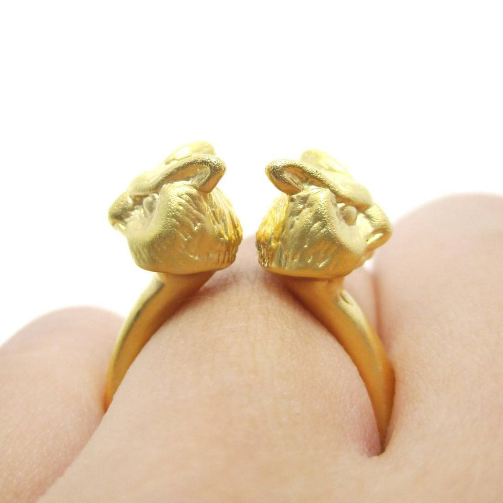 3D Double Owl Bird Head Shaped Sleek Ring in Gold