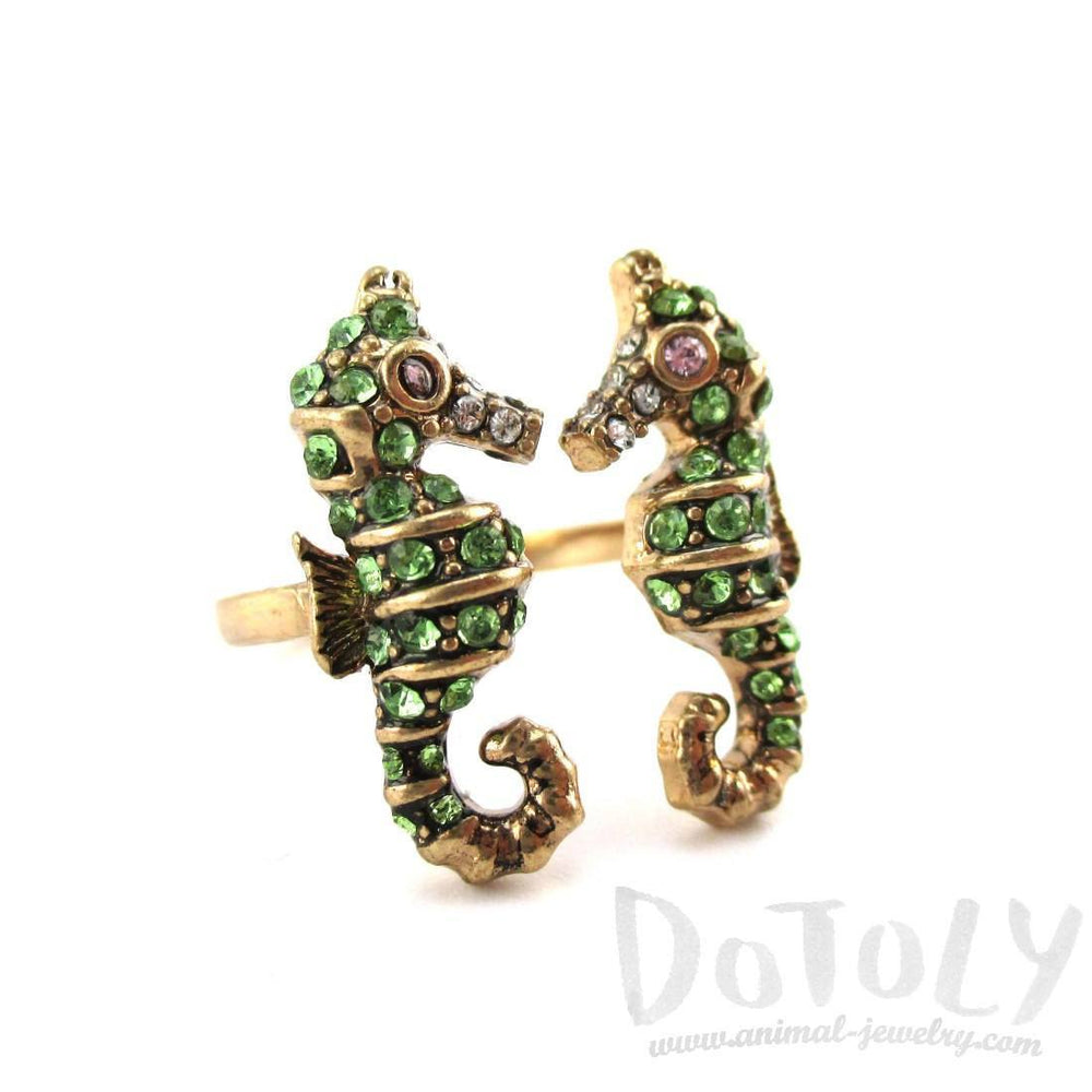 Double Seahorse Shape Adjustable Rhinestone Animal Ring