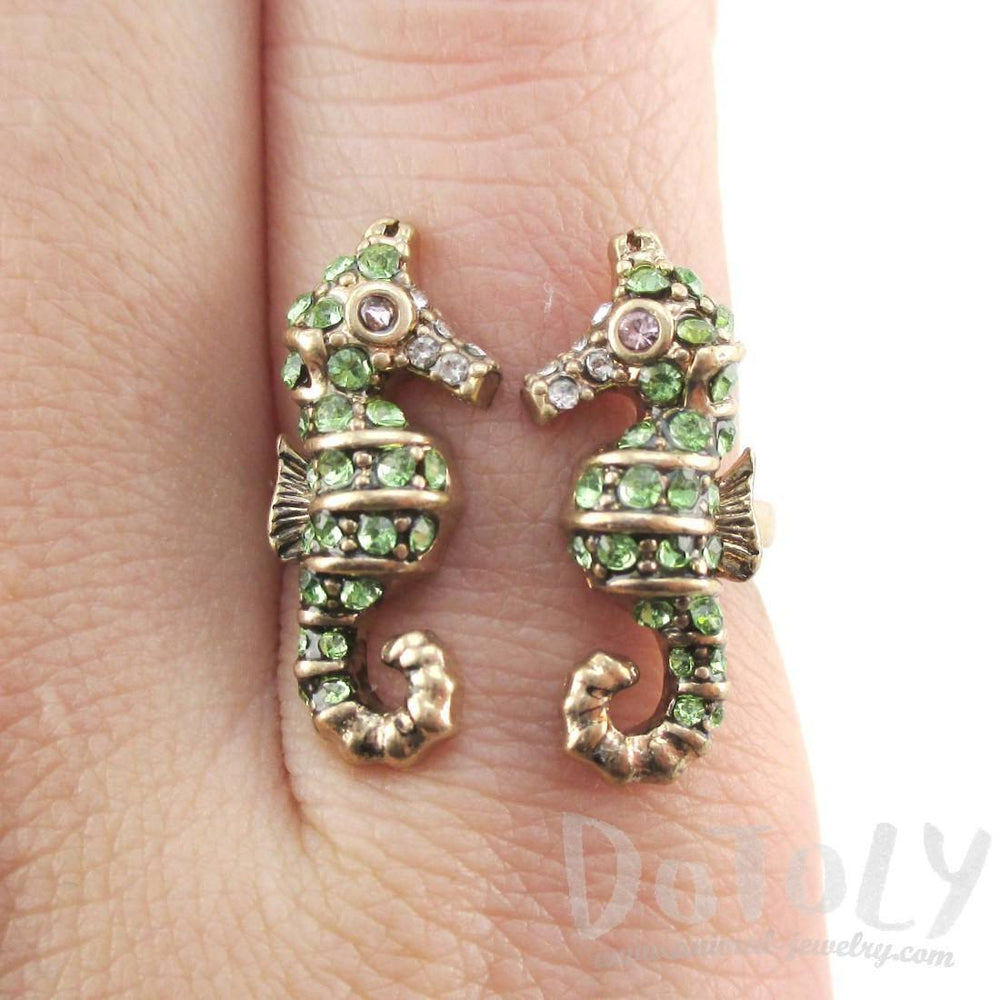 Double Seahorse Shape Adjustable Rhinestone Animal Ring