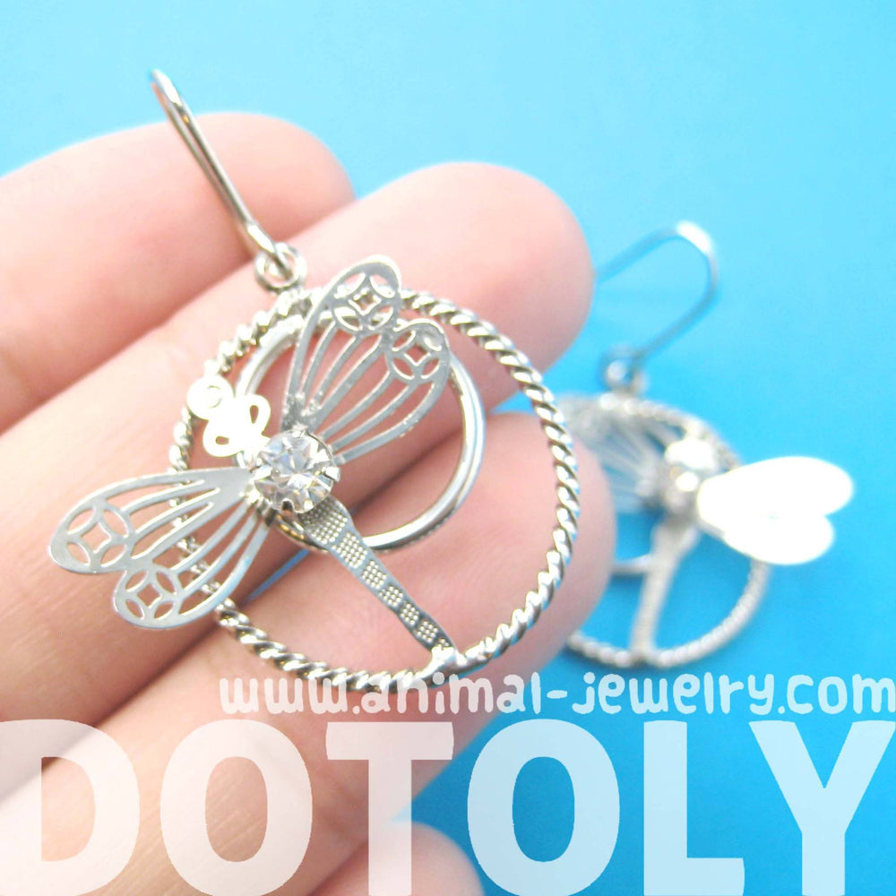 Dragonfly Shaped Dangle Hoop Earrings in Silver with Rhinestones