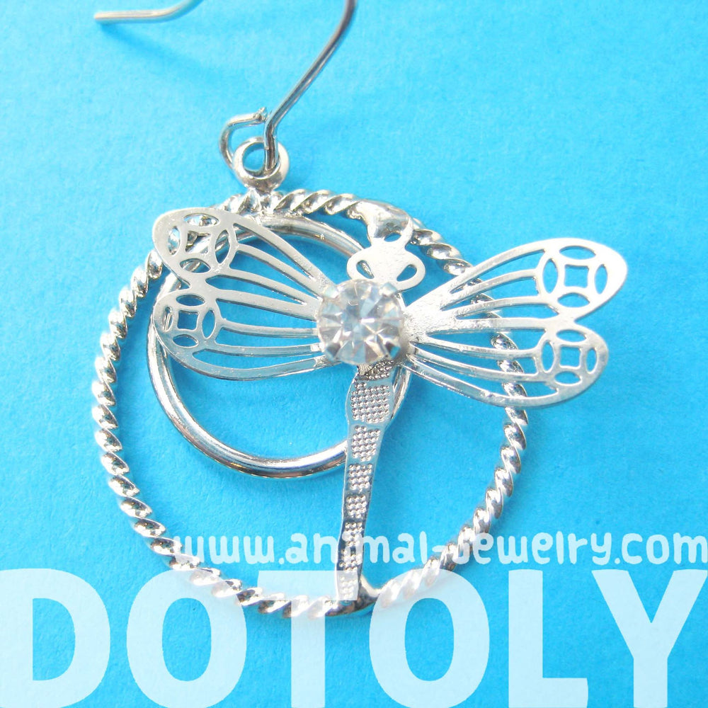 Dragonfly Shaped Dangle Hoop Earrings in Silver with Rhinestones