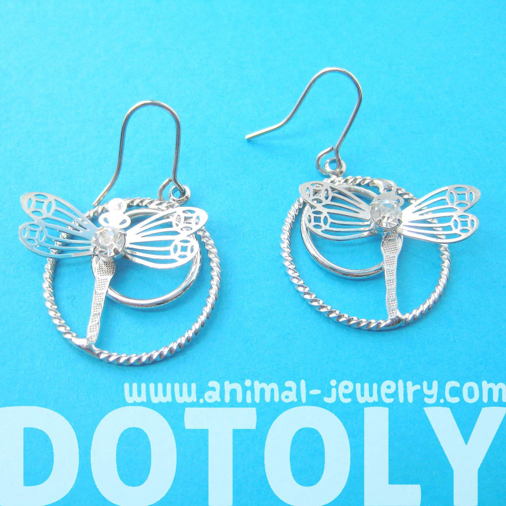 Dragonfly Shaped Dangle Hoop Earrings in Silver with Rhinestones