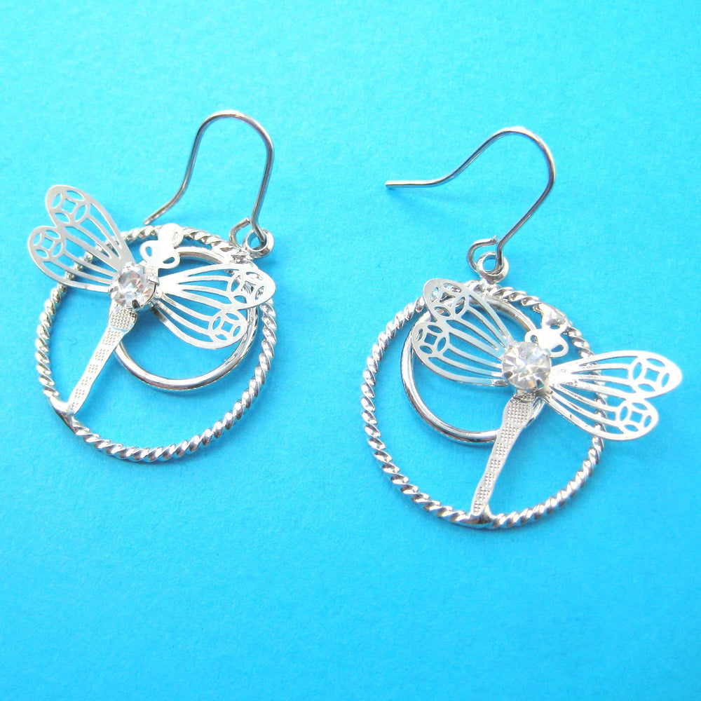 Dragonfly Shaped Dangle Hoop Earrings in Silver with Rhinestones