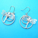 Dragonfly Shaped Dangle Hoop Earrings in Silver with Rhinestones