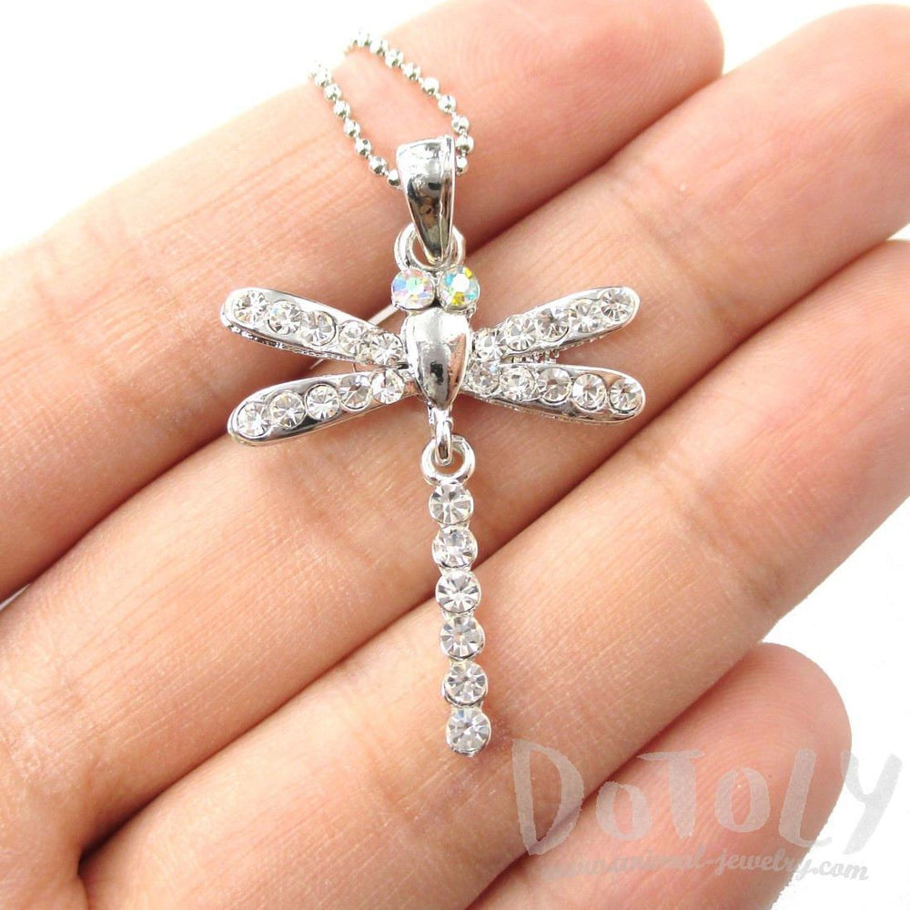 Dragonfly Shaped Rhinestone Pendant Necklace in Silver