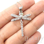 Dragonfly Shaped Rhinestone Pendant Necklace in Silver
