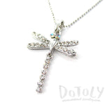 Dragonfly Shaped Rhinestone Pendant Necklace in Silver