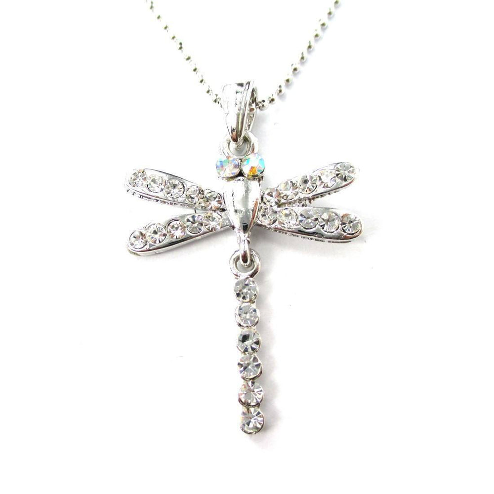 Dragonfly Shaped Rhinestone Pendant Necklace in Silver