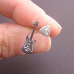 Electric Bass Guitar and Plectrum Pick Shaped Musical Instrument Stud Earrings