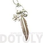 Elegant Feather Four Leaf Clover Diamond Ring Shaped Charm Necklace