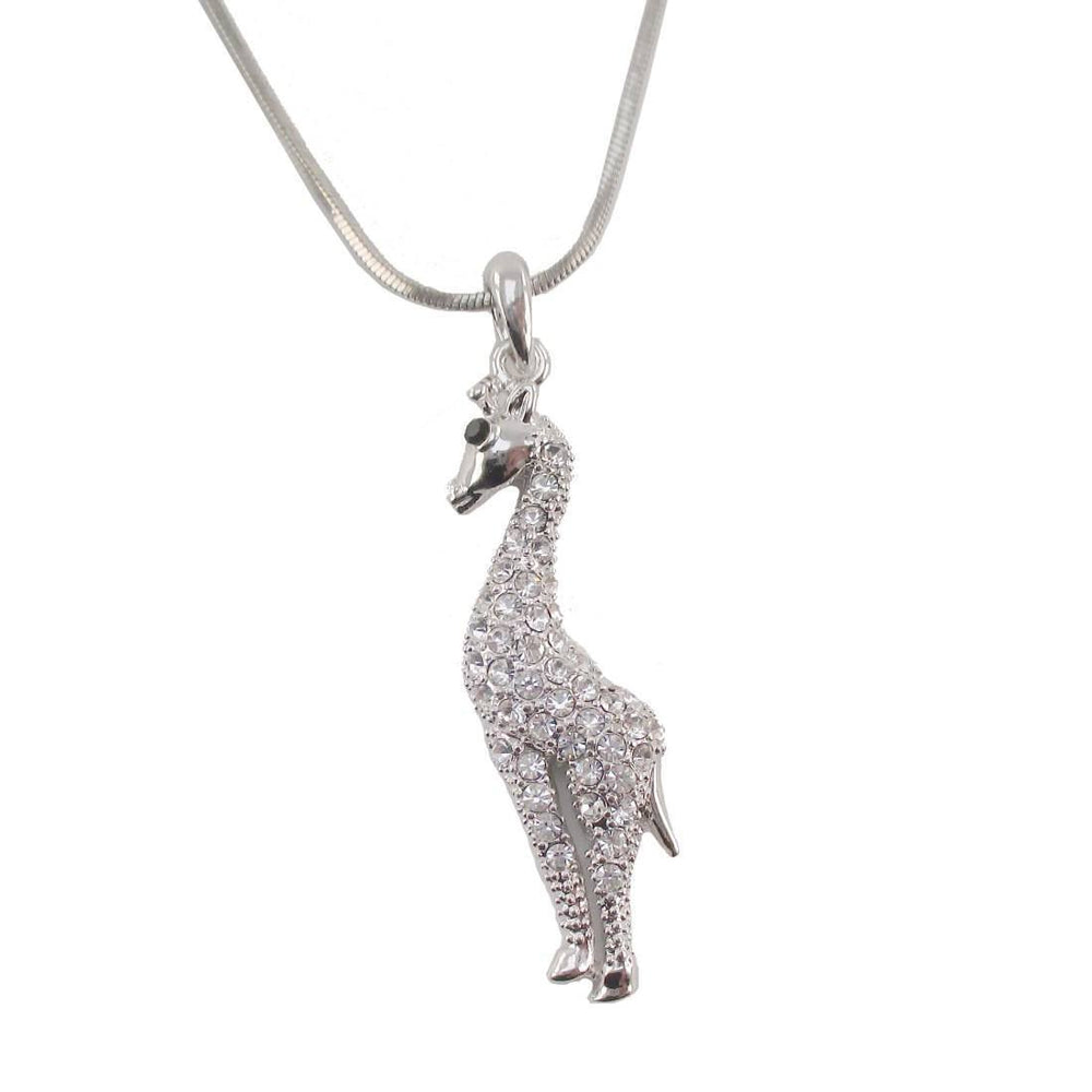 Elegant Giraffe Shaped Pendant Necklace in Silver with Rhinestones