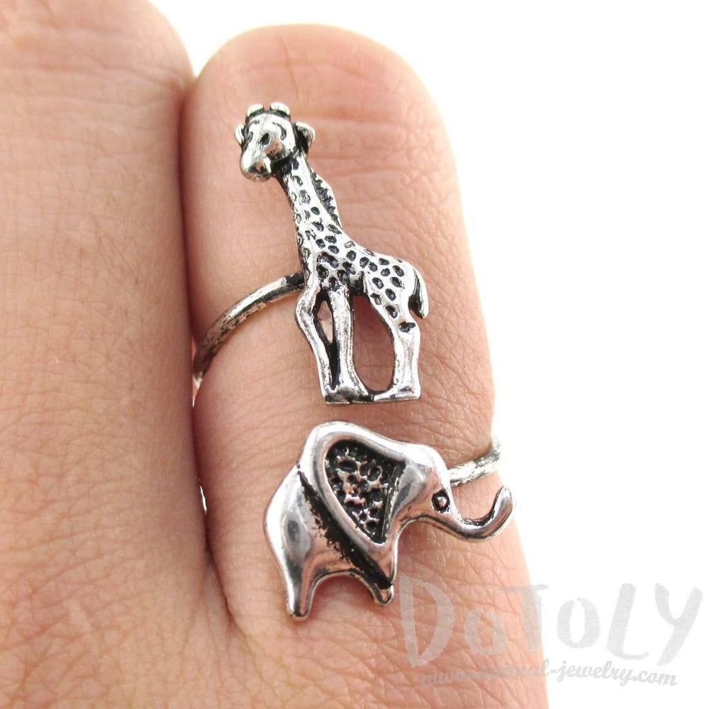 Elephant Giraffe Wrap Around Adjustable Ring in Silver