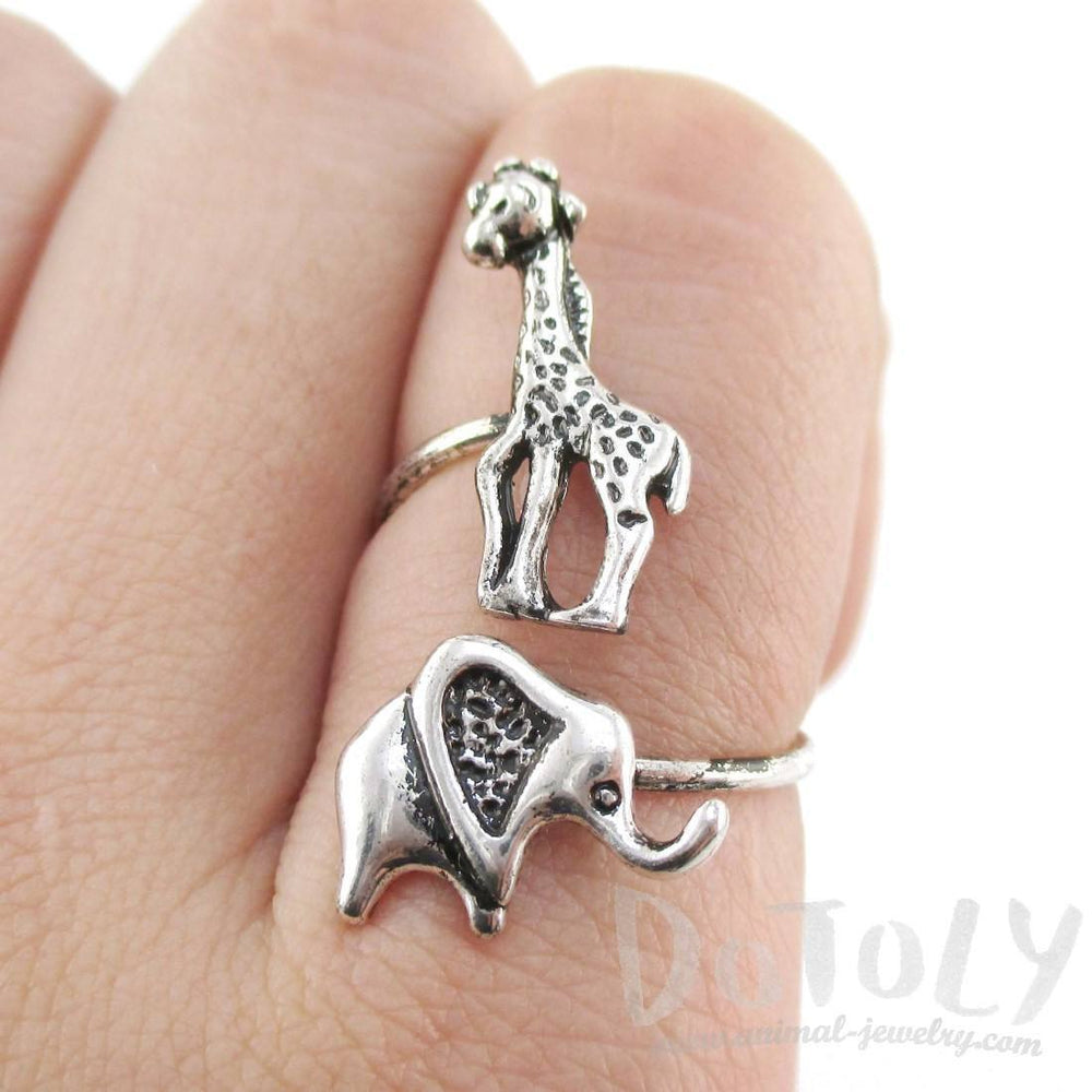 Elephant Giraffe Wrap Around Adjustable Ring in Silver