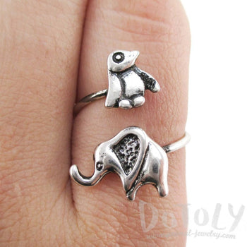 Elephant Penguin Wrap Around Adjustable Ring in Silver