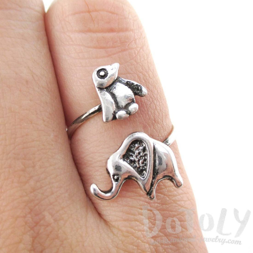 Elephant Penguin Wrap Around Adjustable Ring in Silver