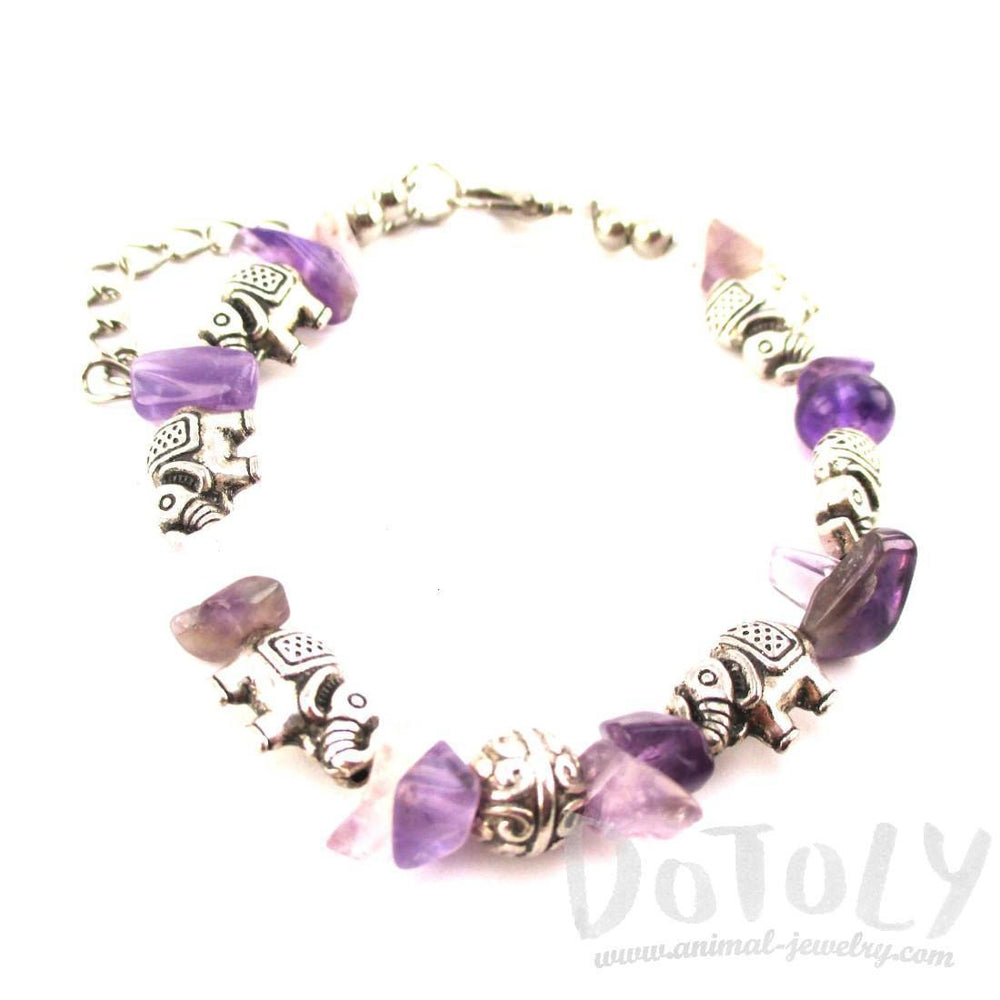 Elephant Charms and Purple Amethyst Beads Shaped Bracelet in Silver