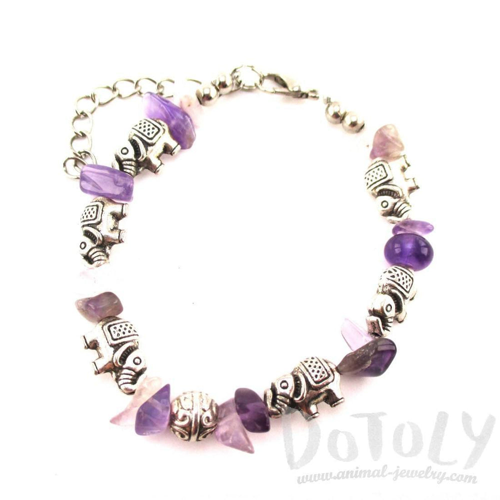 Elephant Charms and Purple Amethyst Beads Shaped Bracelet in Silver