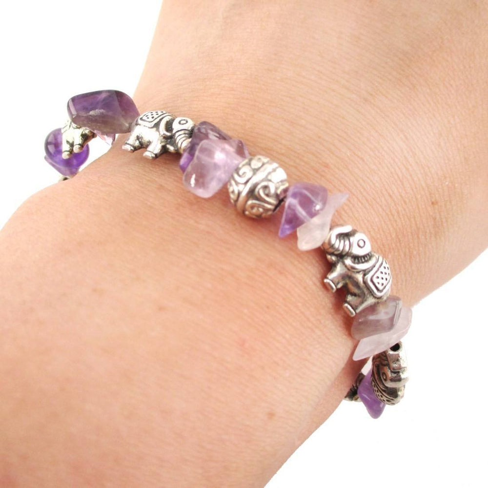 Elephant Charms and Purple Amethyst Beads Shaped Bracelet in Silver