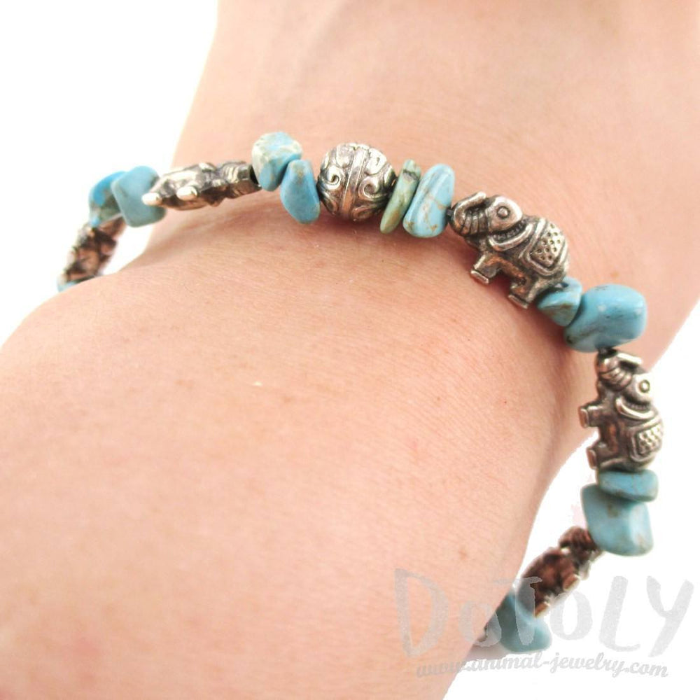Elephant Charms and Turquoise Stones Shaped Beaded Bracelet in Silver