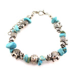 Elephant Charms and Turquoise Stones Shaped Beaded Bracelet in Silver