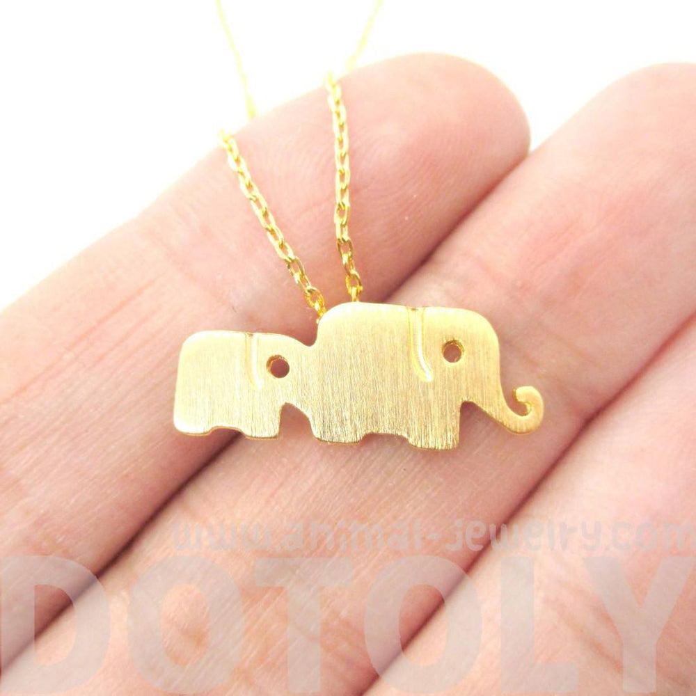 Elephant Family Animal Shaped Silhouette Pendant Necklace in Gold