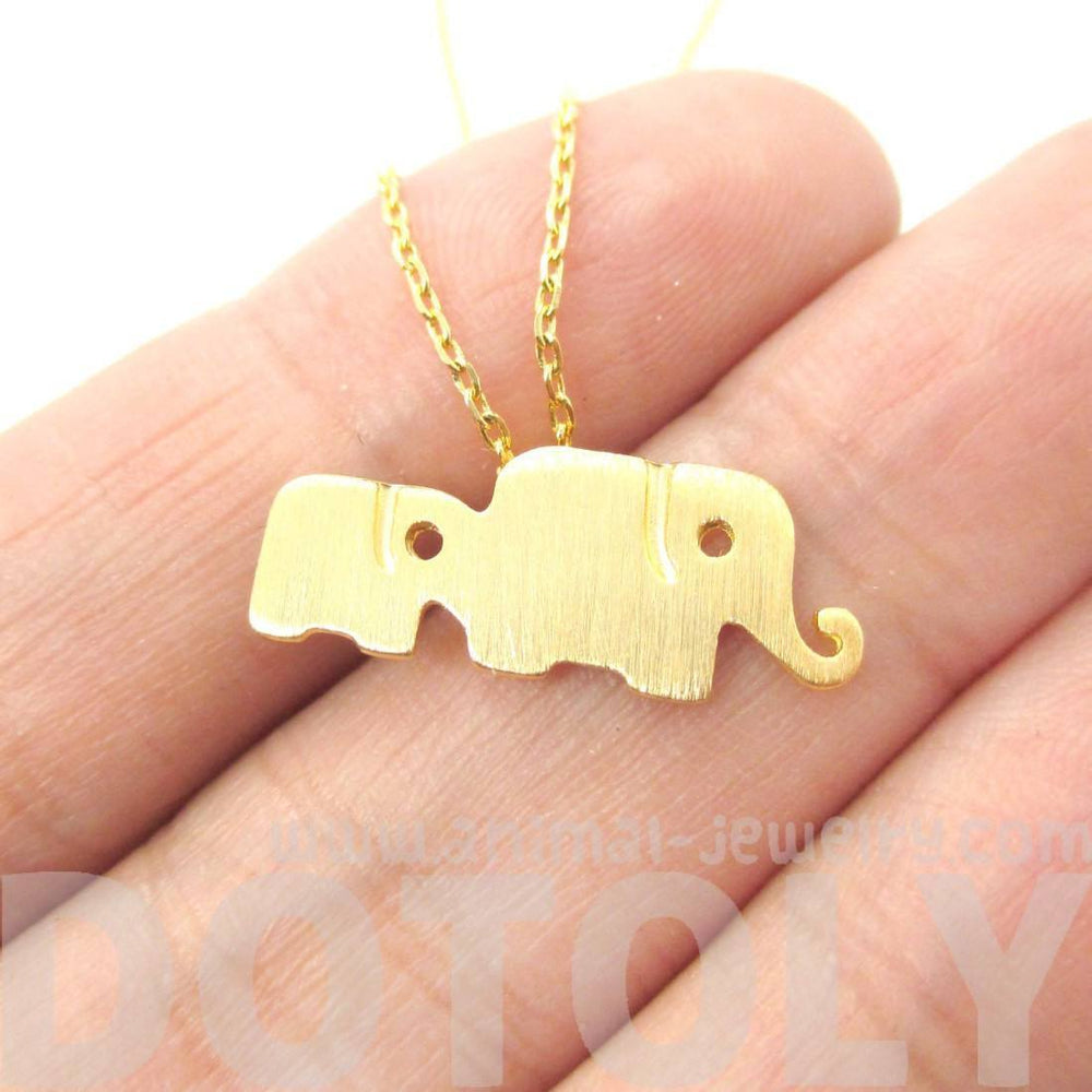 Elephant Family Animal Shaped Silhouette Pendant Necklace in Gold