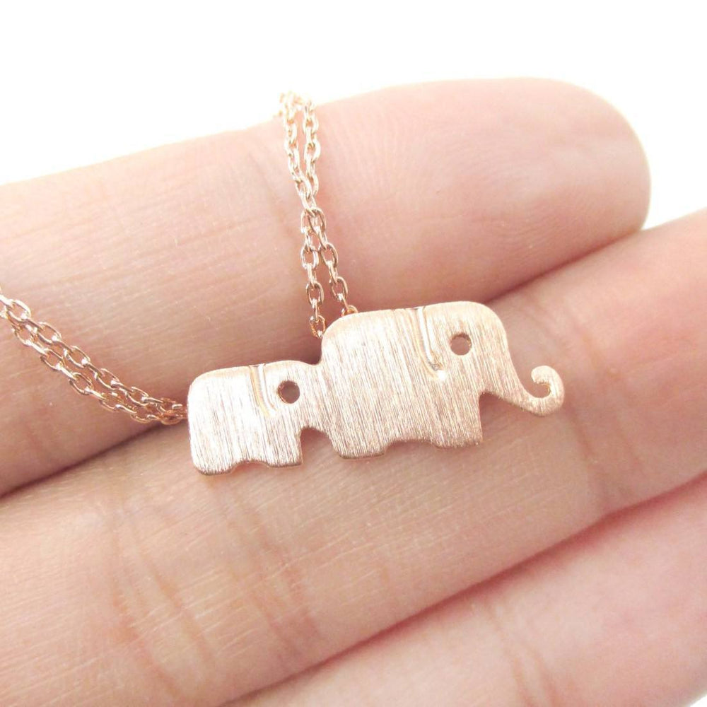 Elephant Family Animal Shaped Silhouette Pendant Necklace in Rose Gold