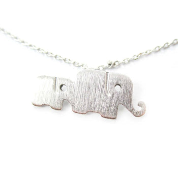 Elephant Family Animal Shaped Silhouette Pendant Necklace in Silver