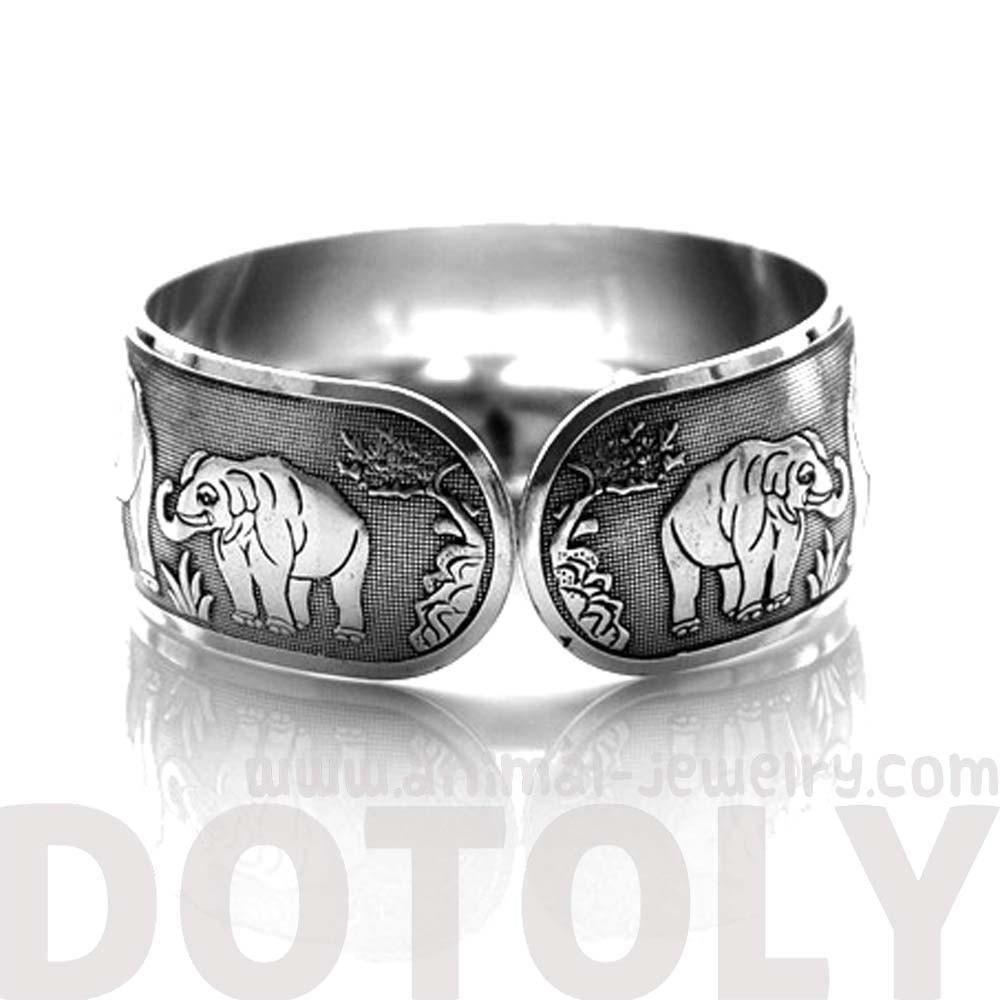 Elephant Family Bangle Cuff Bracelet in Silver | Animal Jewelry