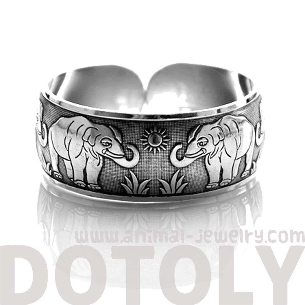 Elephant Family Bangle Cuff Bracelet in Silver | Animal Jewelry